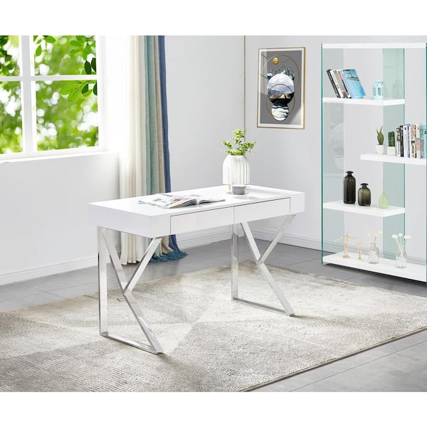 white and silver computer desk