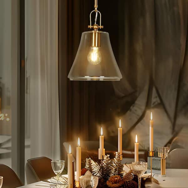Zevni Modern Farmhouse 1-light Imitation Brass Pendant Light with Trapezoid Clear Glass Shade, Hanging Lamp for Kitchen Island