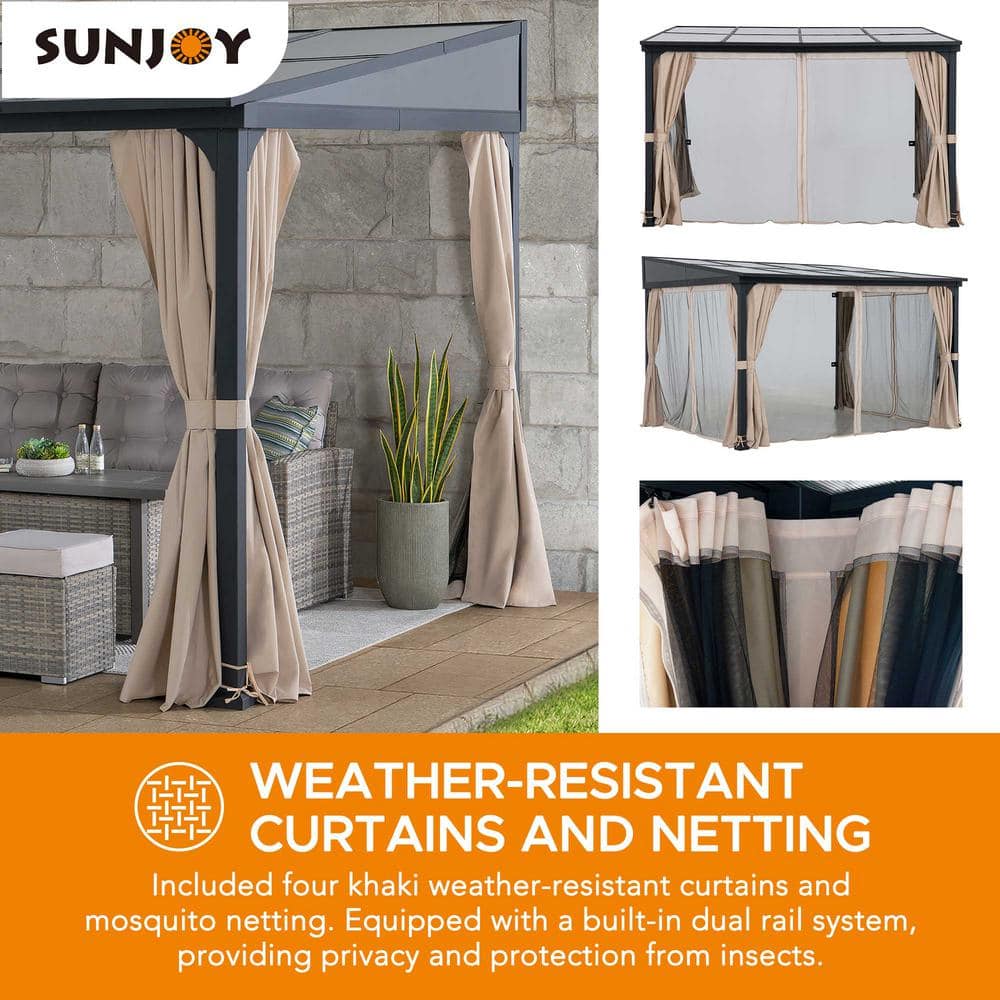 Sunjoy 10 x 12 ft Black Aluminum Wall-Mounted Gazebo with Curtains