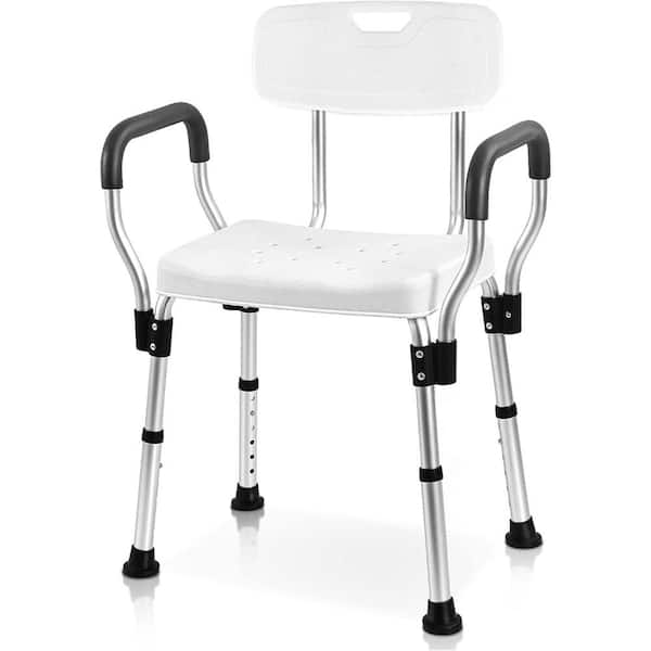16 in. Heavy Duty Aluminum Shower Seat with Back, Arms and Adjustable Height for Elderly, Adults in White