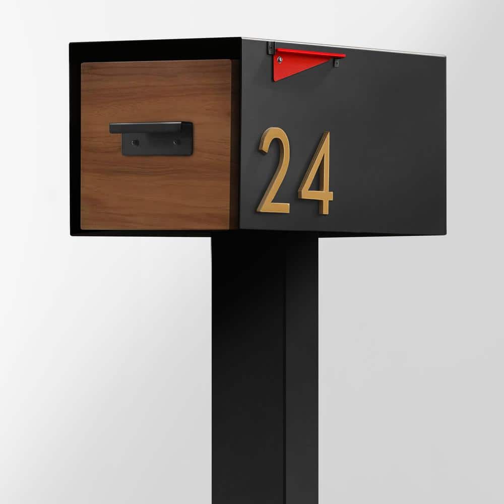 Malone Black Steel Mailbox with Brass Number and Wood-Styled Door