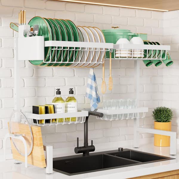 White Adjustable Over The Sink Dish Rack with Multifunctional Baskets Post-Washing Dish and Utensil Storage for Kitchen