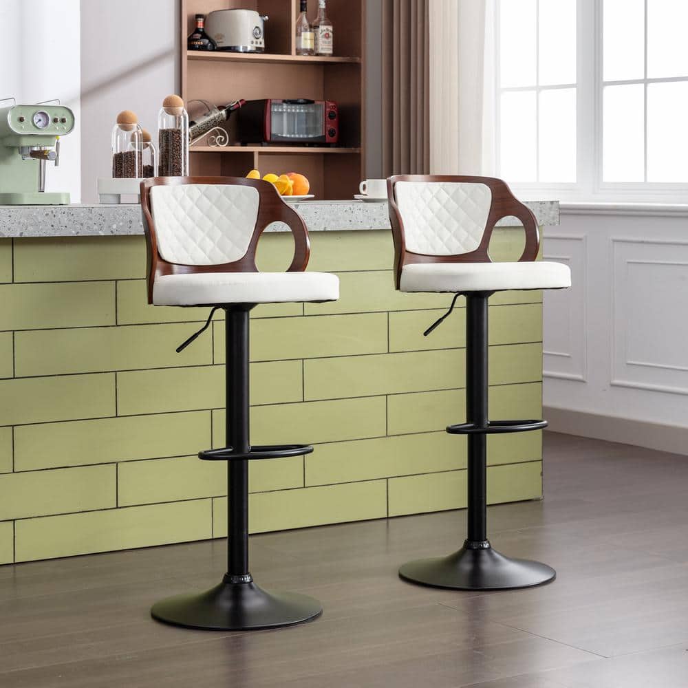 Adjustable White Faux Leather Swivel Bar Stools with Arms