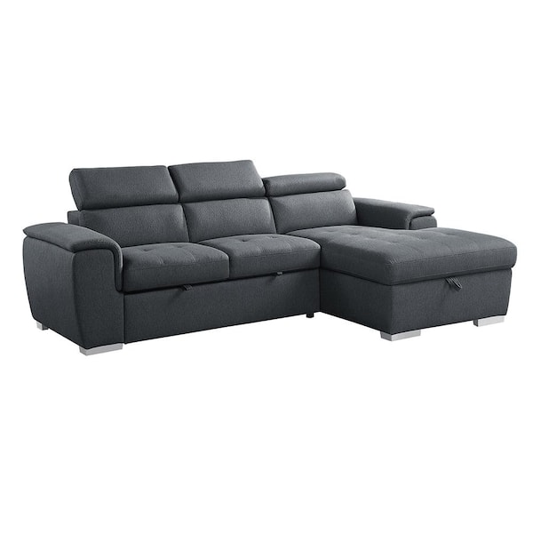 Lazzara Logan 97.5 in. Straight Arm 2-piece Chenille Sectional Sofa in Charcoal with Pull-out Bed and Right Chaise