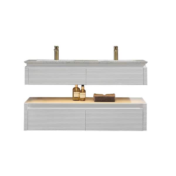 ES-DIY MarbleLux 60 in. W x 20.8 in. D x 21.2 in. H Wall Mounted 2-Tier Bath Vanity with 2-Sinks in White with Marble Top