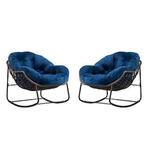 Metal Rattan Outdoor Rocking Chair Recliner Chair with Navy Blue Cushions for Front Porch, Patio, Garden (Set of 2)