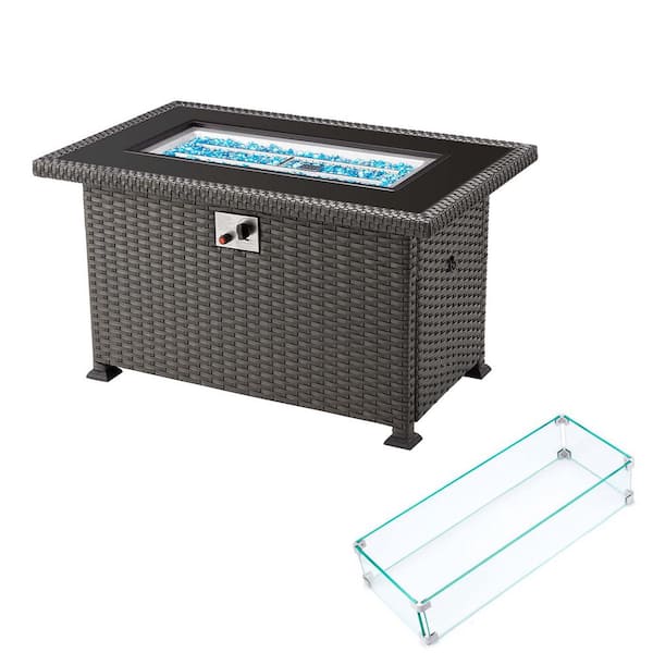 Miscool 44 in. Black Wicker 50,000 BTU Outdoor Fire Pit Table With Glass Wind Guard