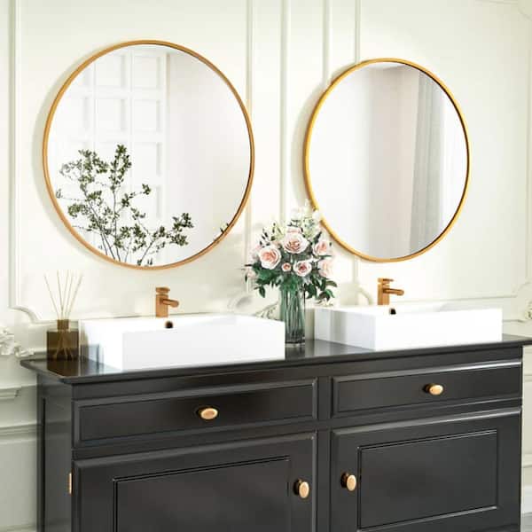 HOMLUX 24 in. W x 24 in. H Round Framed Wall Bathroom Vanity Mirror in Gold Decorative Modern Rust-Resistant Metal Frame