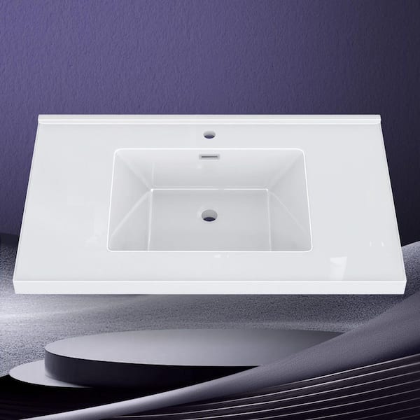 36 in. W x 22 in. D Solid Surface White Rectangular Single Sink Vanity Top with Backsplash & Basin 1 Hole Countertop