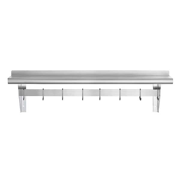 Kitchen Tek 304 Stainless Steel Wall Mounted Pot Rack - with Shelf, 18 Galvanized Hooks - 12 inch x 60 inch - 1 Count Box, Silver