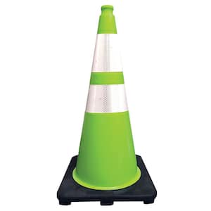 28 in. Lime Green Traffic Cone with Black Base and 4 in. and 6 in. Reflective Collars 7 lbs.
