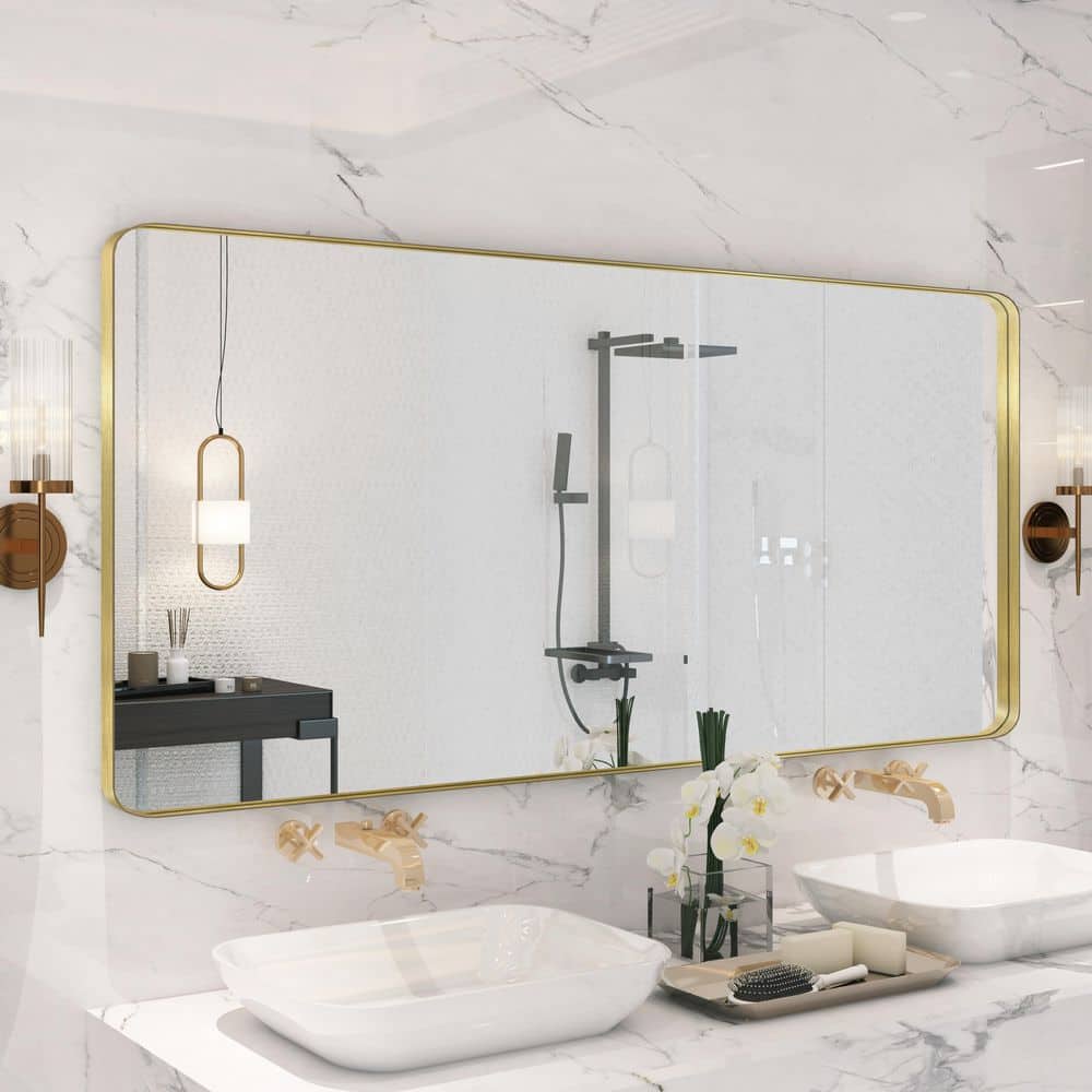 60 in. W x 28 in. H Premium Aluminum Framed Rectangular Bathroom Vanity Wall Mirror in Gold price history on PriceWatchPro