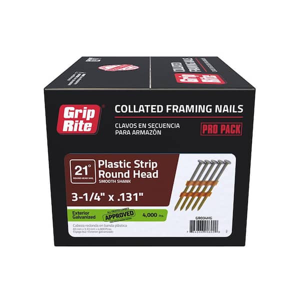 Grip-Rite 3-1/4 in. x 0.131 in. 21° Plastic Collated Hot Galvanized Smooth Shank Round Head Framing Nails 4000 per Box