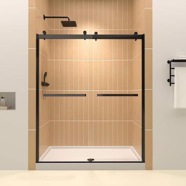 56-60 in. W x 74 in. H Frameless Double Sliding Shower Door for Bathroom w/5/16 in. 8mm Clear Tempered Glass Matte Black