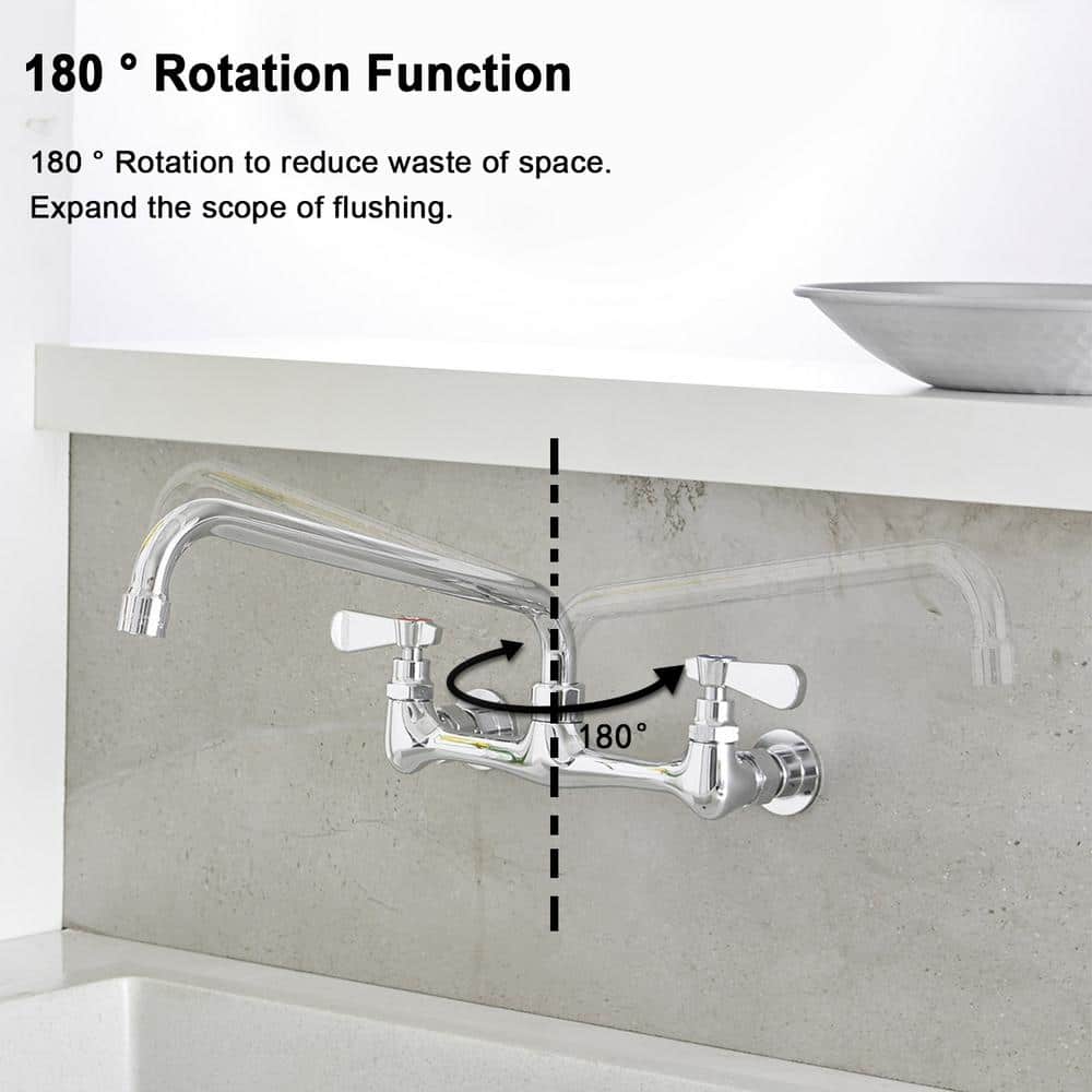 Polished Chrome Double Handle Wall Mount Kitchen Faucet with 12 Inch Swivel Spout