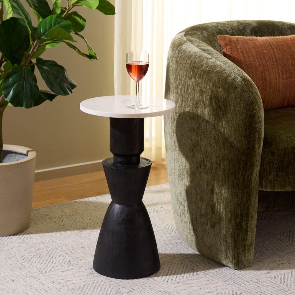 Kyla 12 in. Black/White Round Marble End Table