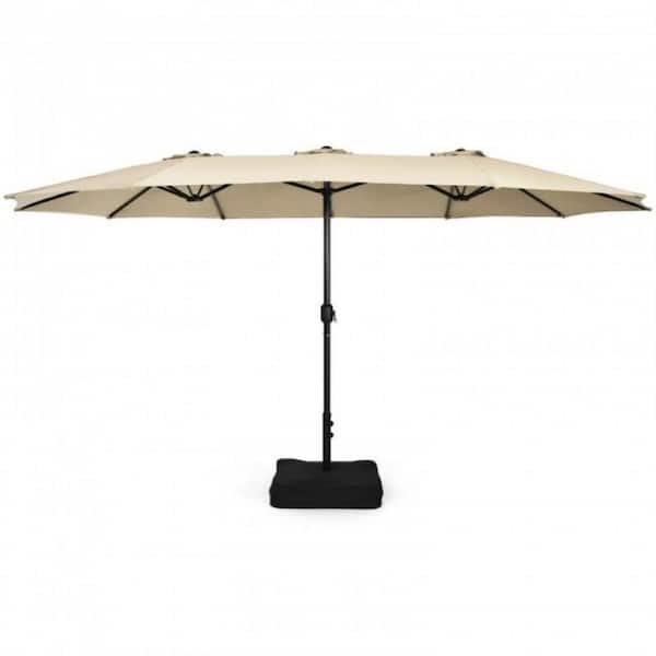 ITOPFOX 15 ft. Beige Outdoor Garden Double-Sided Twin Patio Market Umbrella with Crank and Base