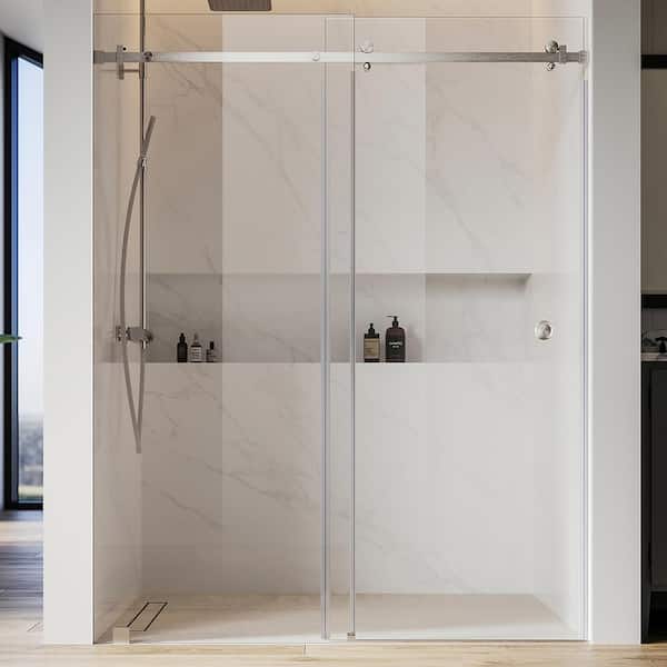 UKS09 56 to 60 in. W x 76 in. H Single Sliding Frameless Shower Door in Brushed Nickel, EnduroShield 3/8 in. Clear Glass