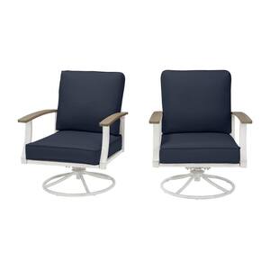 Marina Point White Steel Outdoor Patio Swivel Lounge Chair with CushionGuard Midnight Navy Blue Cushions (2-Pack)