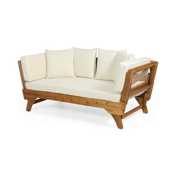 Sudzendf Teak Brown Wood Expandable Outdoor Patio Day Bed with Beige Cushions