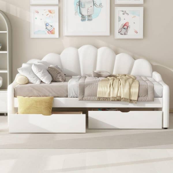 Beige Full Upholstery Daybed with 2-Drawers and Shall Shaped Backrest