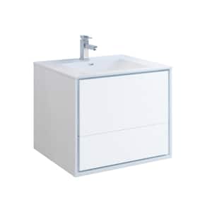 Catania 30 in. Modern Wall Hung Bath Vanity in Glossy White with Vanity Top in White with White Basin