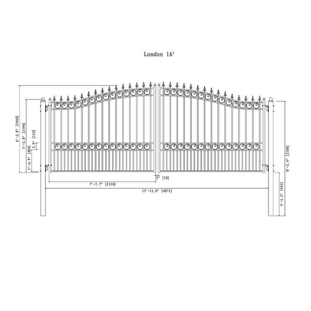 Black Galvanized Steel Arched Dual Swing Driveway Gate