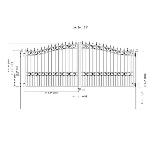 London Style 16 ft. x 6 ft. Black Steel Dual Driveway Fence Gate