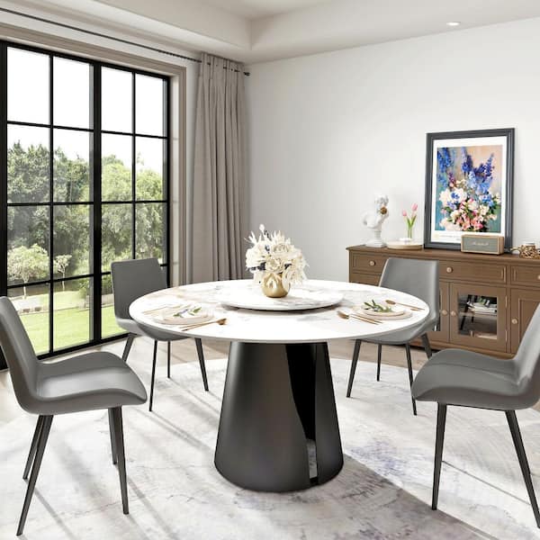 Magic Home Modern 59.05 in. Round Tempered Glass Tabletop Dining Table with Black Pedestal Base in Black (Seats 8)