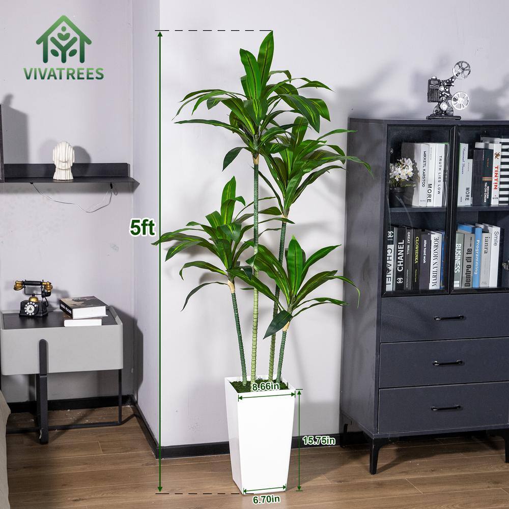 Dracaena 5 ft. Artificial Green Tree in White Plastic Planter
