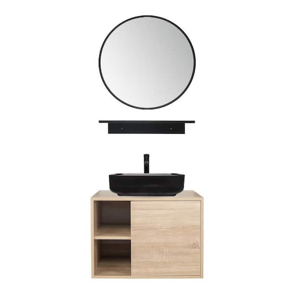 Puluomis 24 in. W x 19 in. D x17 in. H Single Sink Burlywood Bath Vanity with Black Rectangular Solid Surface Top Sink and Mirror