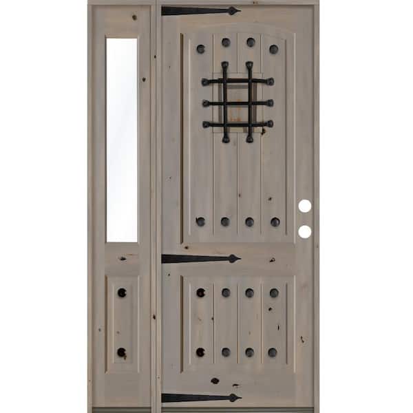 Krosswood Doors 62 in. x 96 in. Mediterranean Knotty Alder Left-Hand/Inswing Clear Glass Grey Stain Wood Prehung Front Door w/Sidelite