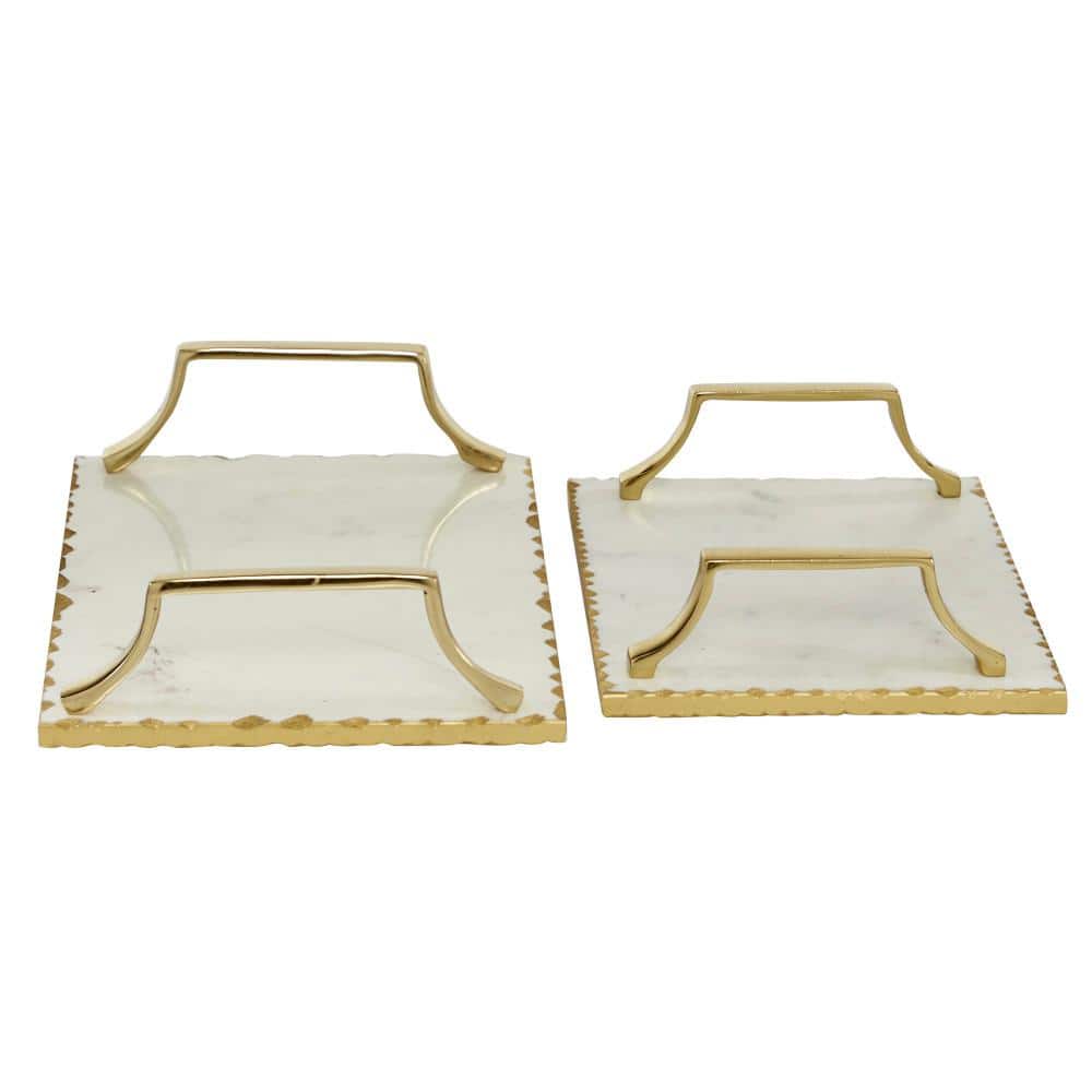 Gold and White Ceramic Rectangular Tray Set with Metal Handles