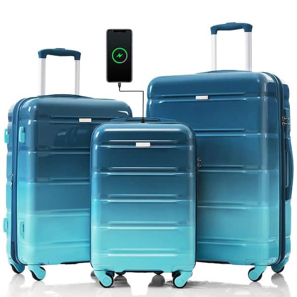 3-Piece Blue 20 in. 24 in. 28 in. ABS and PC Hardshell Spinner Luggage Set with TSA Lock, 20 in. with USB Port