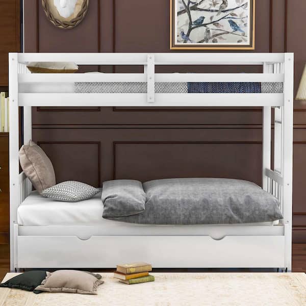 White Twin Over Twin Bunk Bed with Trundle