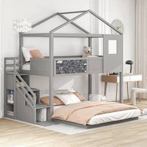Gray Twin over Full House Bunk Bed with Storage Staircase and Blackboard