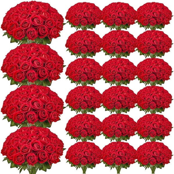 20 in. Faux Red Bridal Shower with Stems for DIY, Artificial Flowers, 500-Pieces Real Looking Red Foam Fake Roses Bulk