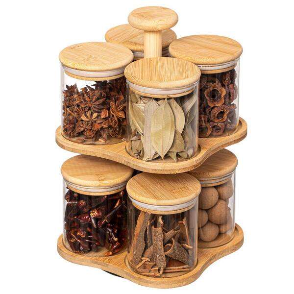 Basicwise Minimalist Two-Tier Bamboo Lazy Susan Turntable with 8 Pcs 12 oz Airtight Lid Glass Jars