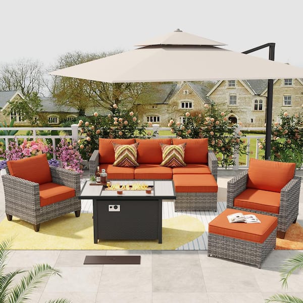 XIZZI Milan Gray 6-Piece Wicker Outdoor Patio Rectangular Fire Pit Seating Sofa Set and with Orange Red Cushions