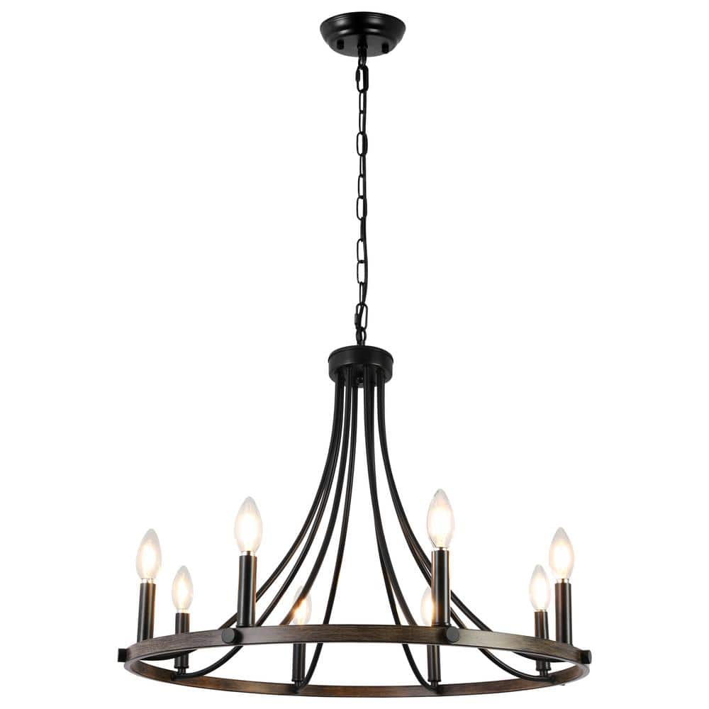 8-Light Black and Imitation Wood Grain Farmhouse Wagon Wheel Chandelier Lig