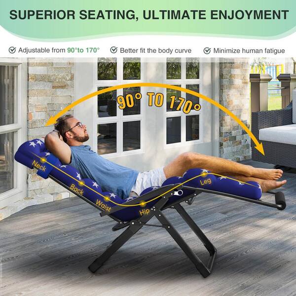 26 in. W Metal Zero Gravity Outdoor Recliner Oversized Lounge Chair with Cup Holder and Blue Star Cushions