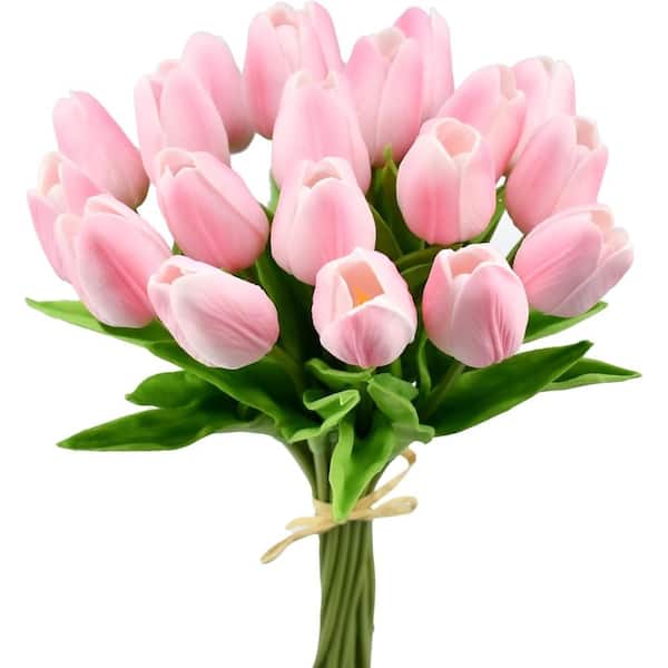 13.5 in Artificial Tulips 20 Stems Peach Pink PU Faux Flowers