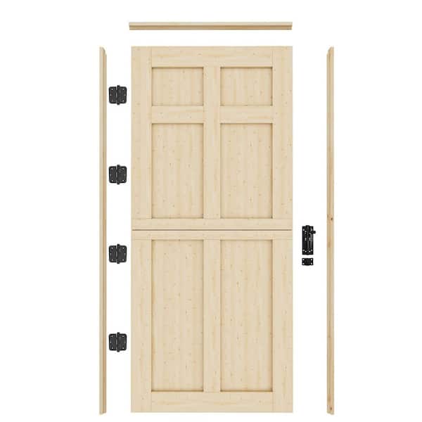36 in. x 80 in. Solid Pine Universal 6 Panel Unfinished Dutch Wood Prehung Front Door with Quick Assemble Jamb