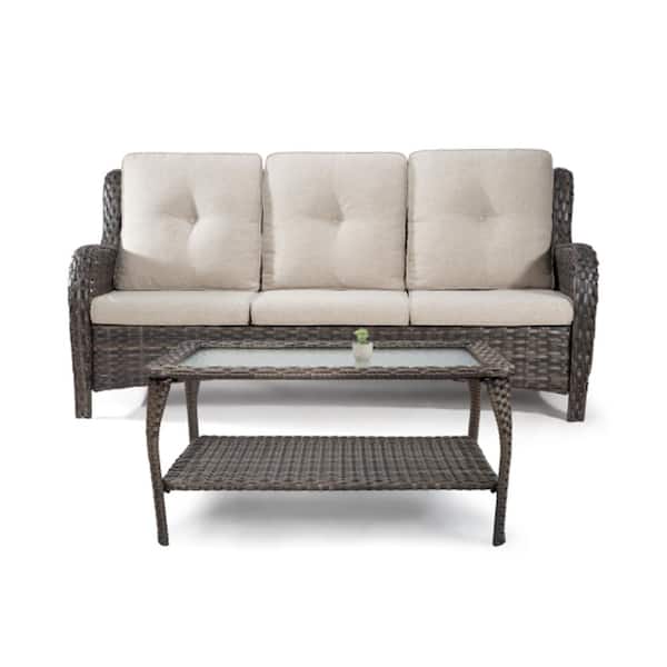 Tenleaf 2-Piece Wicker Outdoor Couch with Beige Cushions Patio Conversation Set (Couch plus Coffee Table)