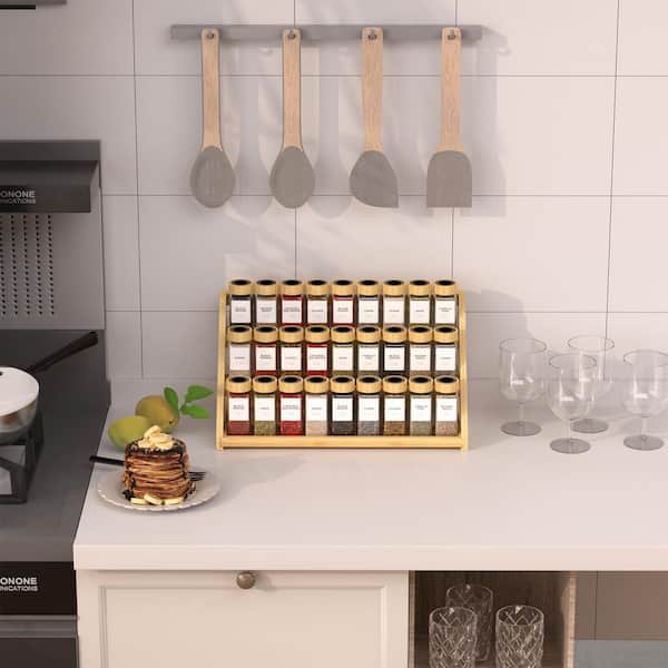 3-Shelf Bamboo Finish Countertop Mount Tiered Spice Rack Organizer, Cabinet spice rack for Pantry Spice Shelf Organizer