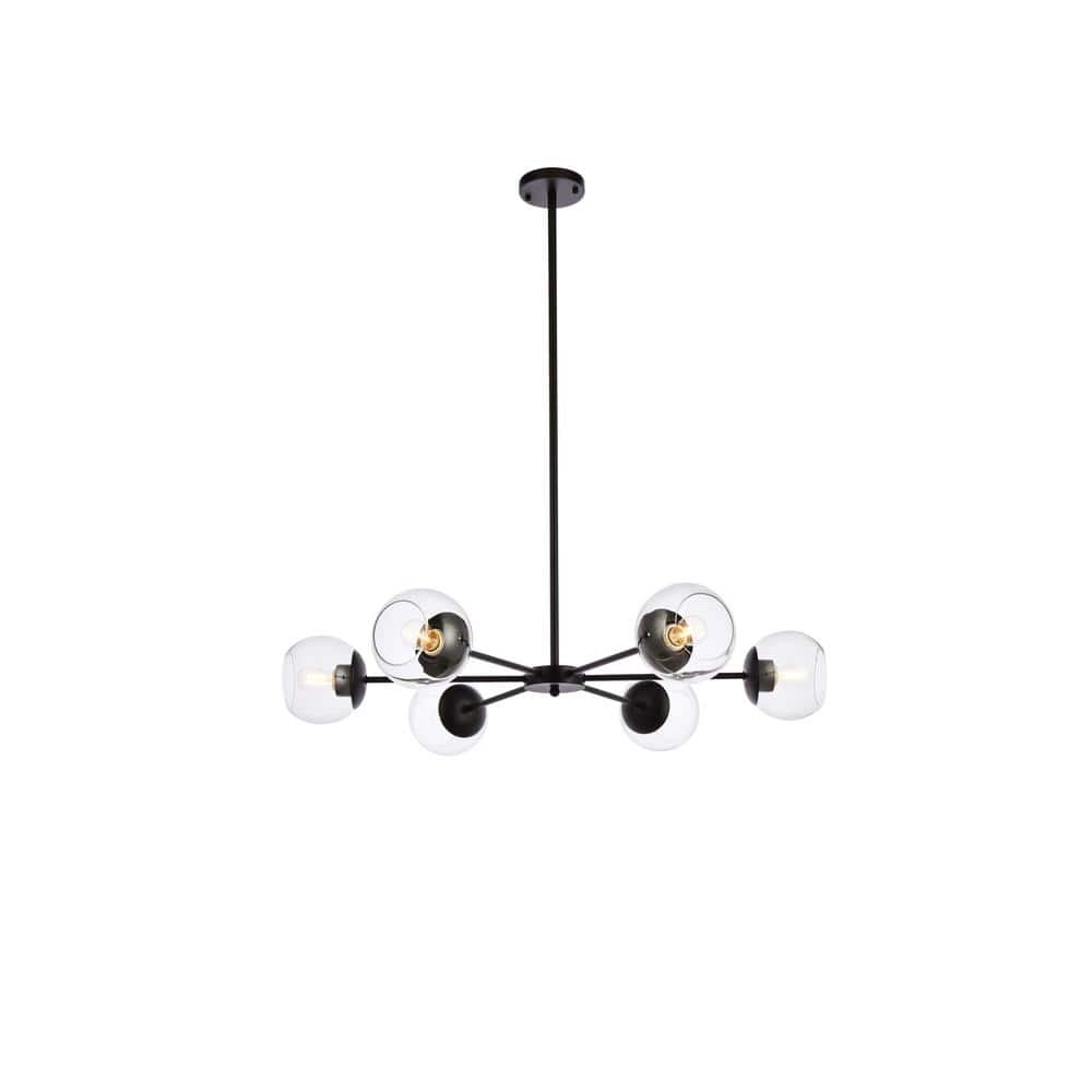 Home Living 40-Watt 6 Light Black Pendant Light with Glass Shade, No Bulbs 