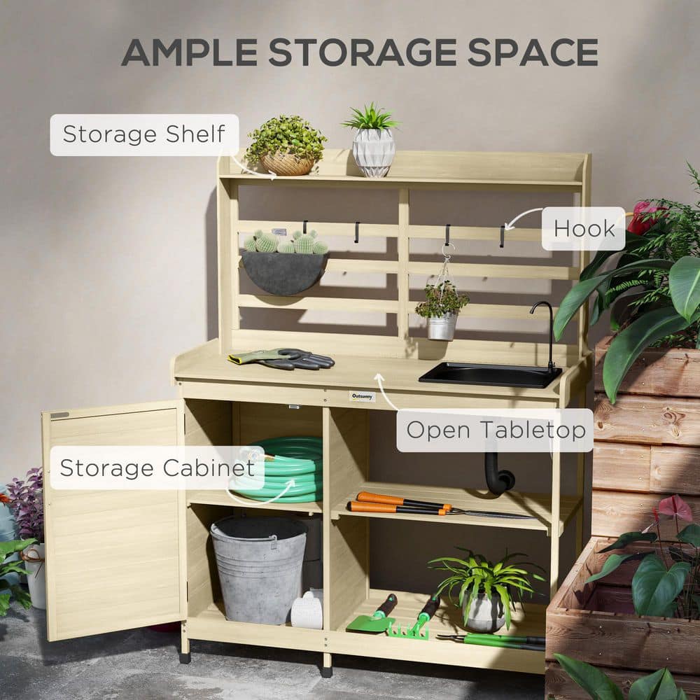 Natural Wooden Potting Bench with Storage and Sink