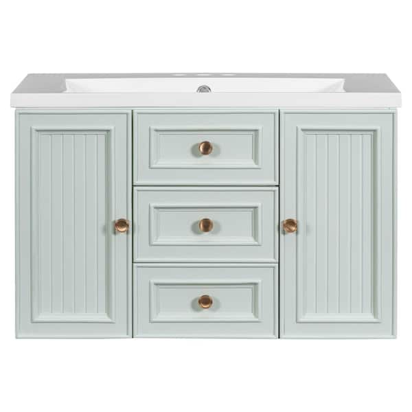 Virubi 30 in. W x 18 in. D x 19 in. H Wall Mounted Bath Vanity in Light Green with White Ceramic Top, Single Sink and Drawers