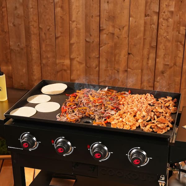 Cookout 4 Burner Propane Gas 36 in. Flat Top Grill in Black Grease Tray and 2 Side Shelves