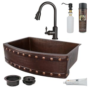 All-in-One Copper Rectangle 33 in. Single Bowl Farmhouse Apron Kitchen Sink with Barrel Strap Design and Accessories